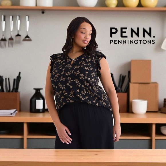 Penningtons, Plus Size V-Neck Knit Top With Flutter Sleeves, 3X, Black - Picture 1 of 9